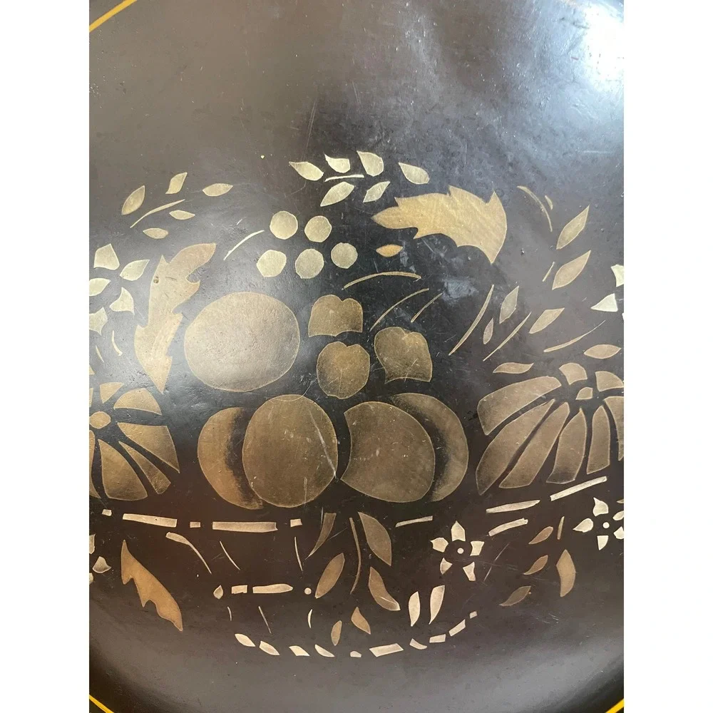 Vintage Toleware Large Round Tin Bowl Black Gold Fruit Basket Hand Painted LARGE